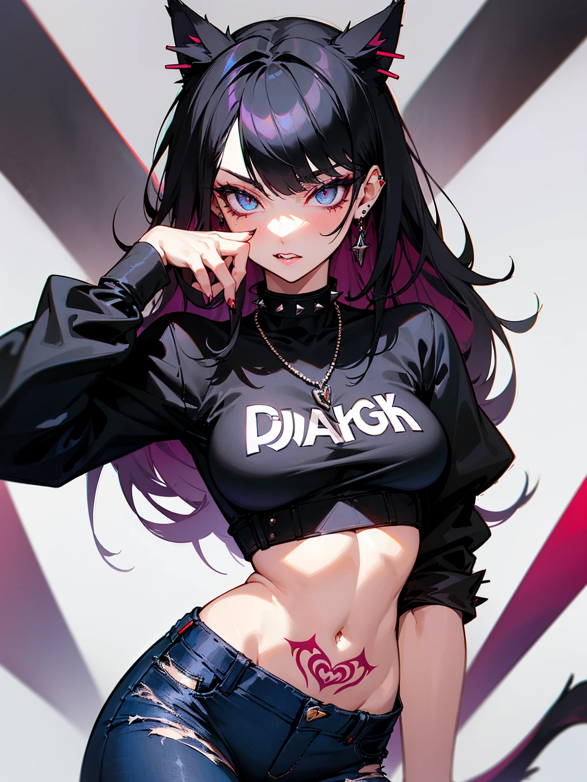 ((Long Straight Black hair)), Perfect face, Choker, Punk earrings, ((Tall)), ((High Quality)), Necklace, ((Mature)), Pretty Eyes, Sharp Nails, Bangs, ((1 Girl)), ((Multiple Earrings)), 1 girl, Spiky Earrings, Adult, Spiked Collar, Thin Eyelashes, ((Short Jeans)), ((Crop Top)), Close Up, Tall, Long Legs, ((Dynamic Pose)), Vibrant Colors, Sexy, Suggestive, Sexually Suggestive, Skinny, Teasing, Slender Body, Stylish, Bangs, Thick Eyeliner Around The Eyes, Tattoo Of Roses On Her Body, Small Eyes, Perfect Body, Sensual, ((Big Breasts)), Very Sharp Teeth, Thigh Highs, Punk, Close Up, Thick Thighs, Cat Girl, Very Large Cat Ears,