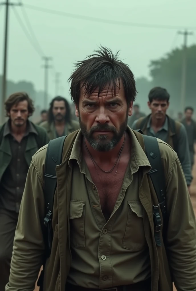 Image from a zombie apocalypse movie where the protagonist, A well-known male actor, Looks like a winner, but he is so exhausted that he can barely move forward...., But behind there are tired survivors and they all walk. full hd