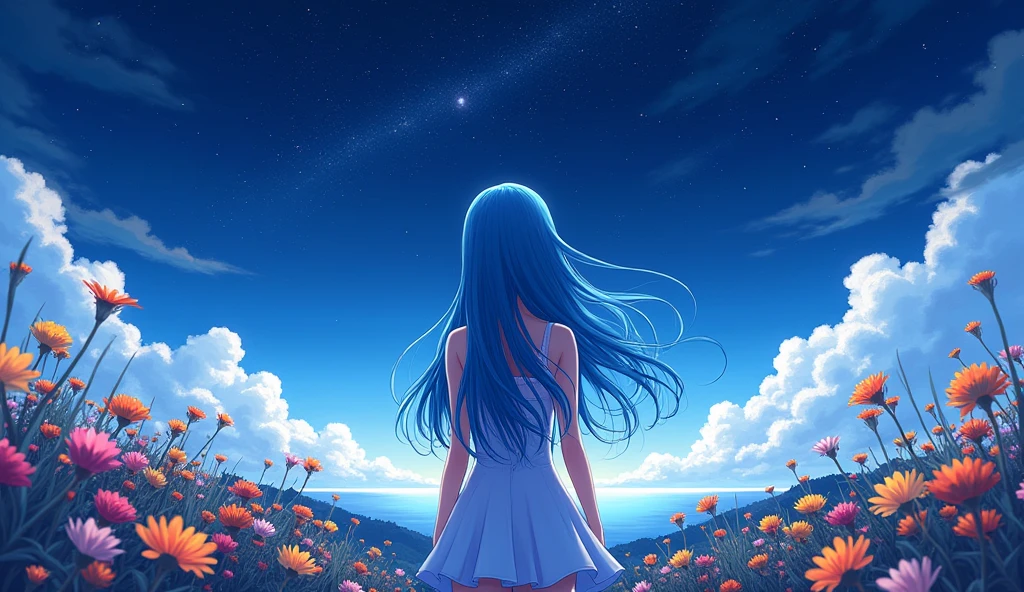 1people々々々々々々々々々々々々々々々,Blue long-haired woman, White camisole,silhouette, Rear View,Space Sky, Flower Field,Colorful flowers, night sky