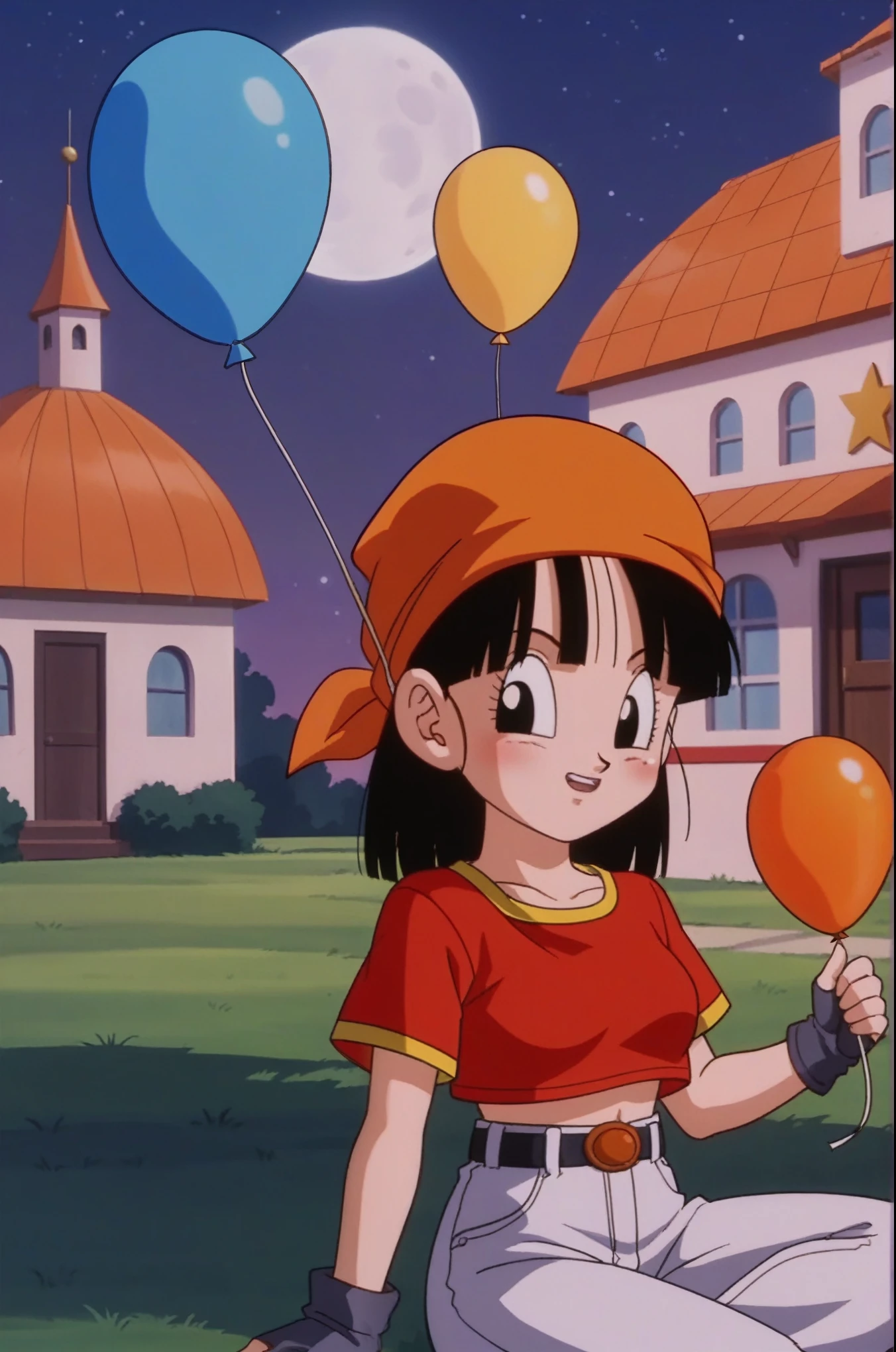 source_anime, score_9, score_8_up, score_7_up, anime screencap,
pangt, 1girl, bangs, closed mouth, melancholic, lost look, blushing, black hair, field, brick town, evening, full moon, moonlight, looking into space, collarbone, holding birthday balloons, whole body, teeth, blunt bangs, outdoors, black eyes, eyelashes, upper teeth only, close-up, red crop top, bandana, retro artstyle, , 1990s \(style\), orange headwear, sitting, medium ass, medium breasts