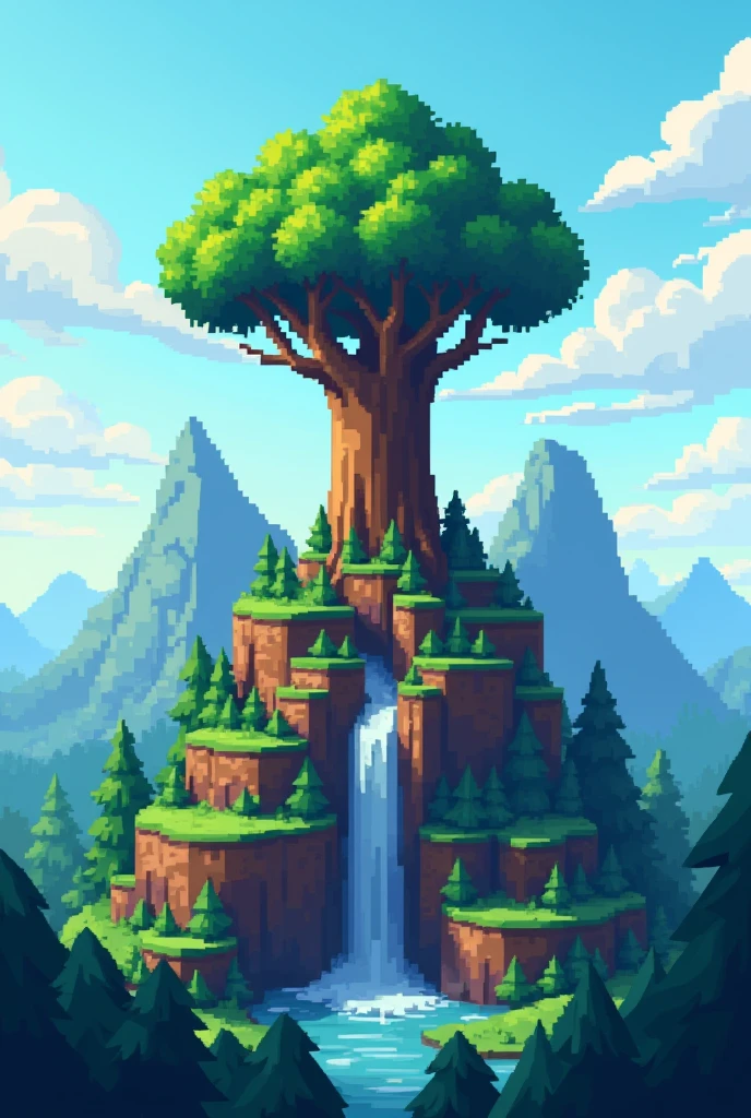 Create me a minecraft server logo with nature and mountains and a t on top