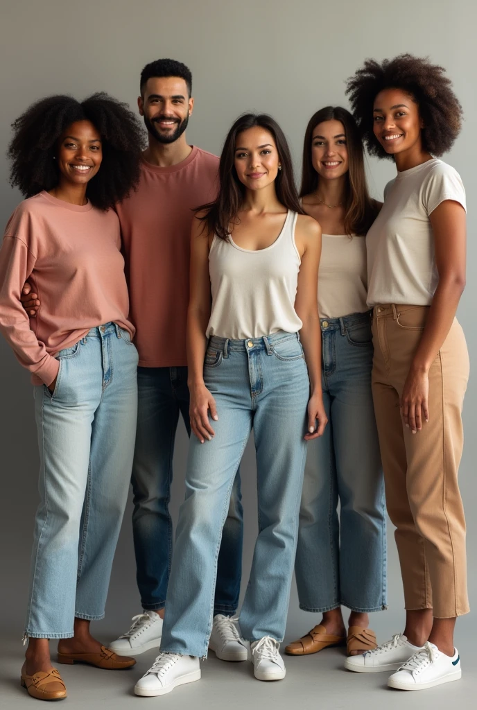 group of women and men modeling casual clothing, Each of them must be of a different race and build., Let&#39;s use skinny women, black, fat, thin, curly and straight