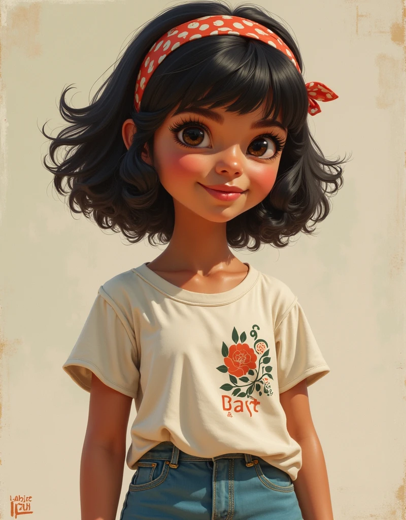 High-quality detailed image of a girl : (Mestizo: Lineament, Hindu:0,2 : Egyptian:0,3 : Darna:0,25 : Selena Quintanilla Perez:0,25) : pale skin,((Short styled hair)), High facial detail : Realistic : in a T-shirt and shorts, (oil painting:0.75), (headband:0.75),(teal:0.2),(Orange:0.2), (by Jeremy Mann:0.5), (by John Constable:0.1),(Yuriy Arkus:0.5),(acrylic paint:0.75), 8K