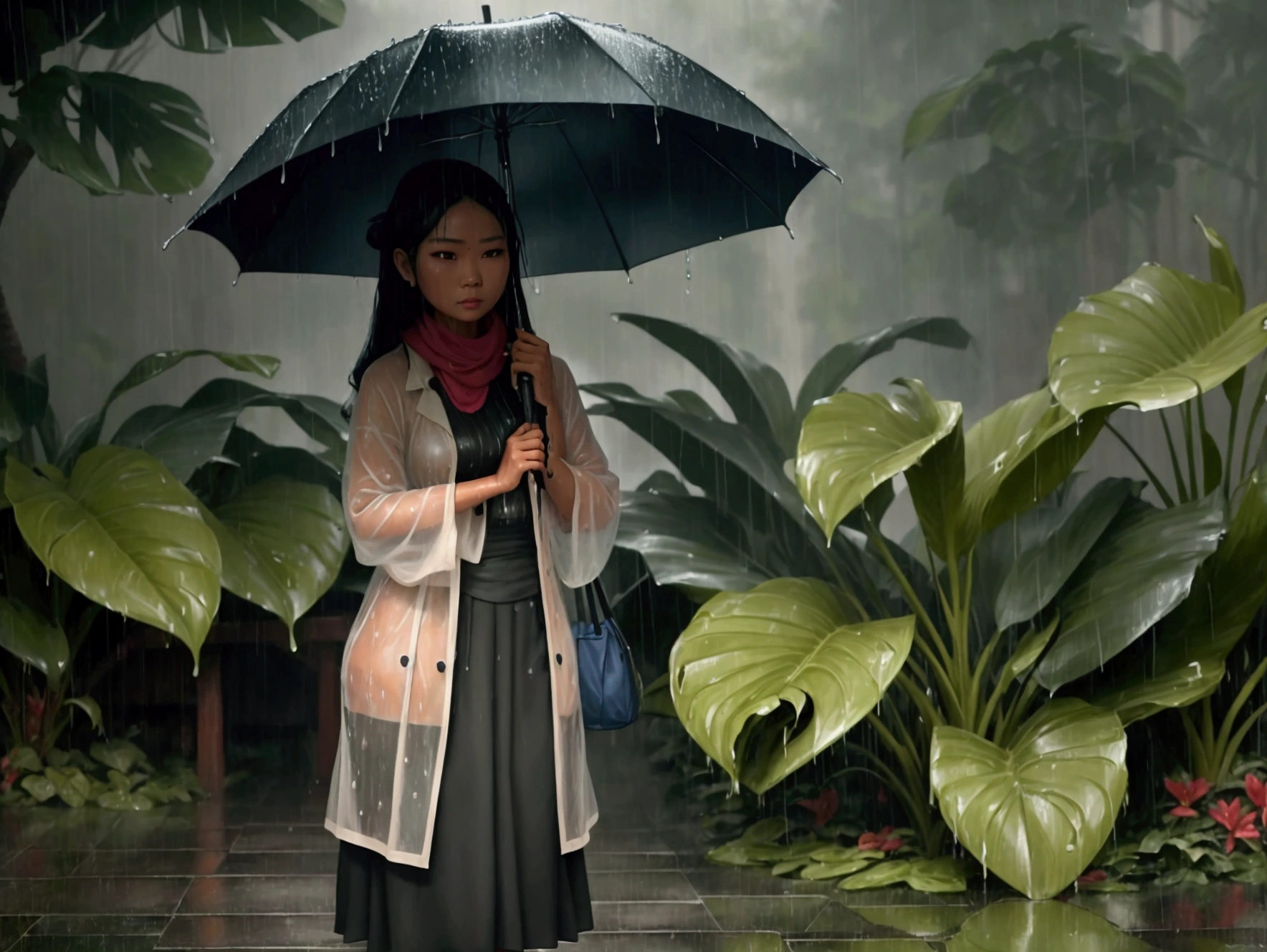 Indonesian woman walking in the rain holding a banana leaf , in the rain, standing in the rain, pretty girl standing in the rain, rainy mood, under rain, in a rainy environment, just after rain, wet from rain, rainy day, on a rainy day, rainy outside, dramatic rain, raining outside, by Raymond Han, heavy raining, rain falling
