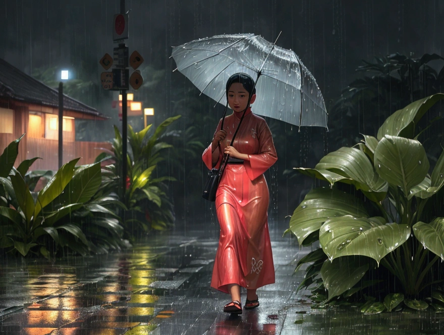 Indonesian woman walking in the rain holding a banana leaf , in the rain, standing in the rain, pretty girl standing in the rain, rainy mood, under rain, in a rainy environment, just after rain, wet from rain, rainy day, on a rainy day, rainy outside, dramatic rain, raining outside, by Raymond Han, heavy raining, rain falling