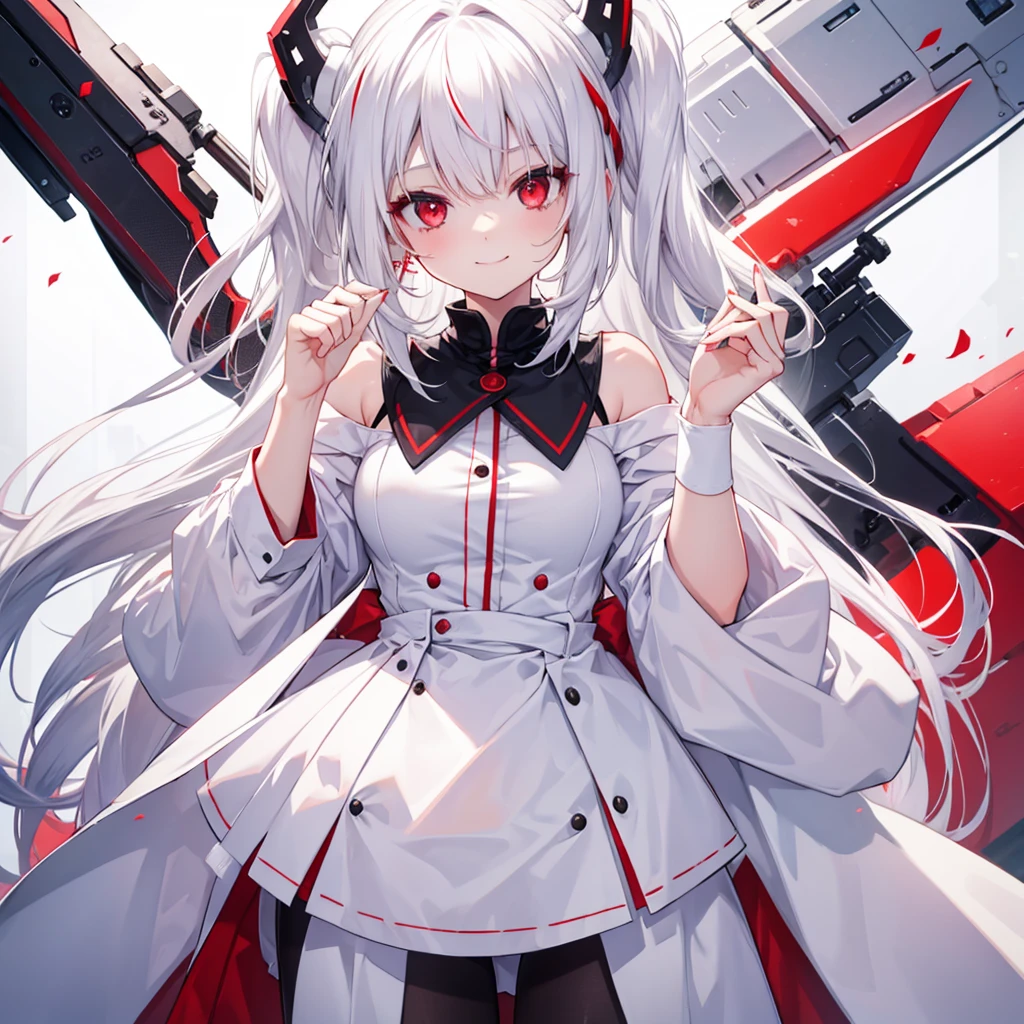 a cute girl with red eyes smiling, white hair