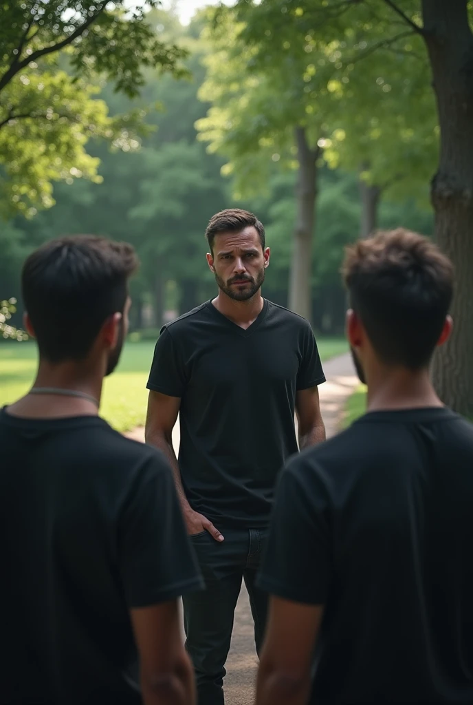 A man who is explaining to his remaining 3 male friends (back view is a bit serious) (light black) (and all this is in a park)