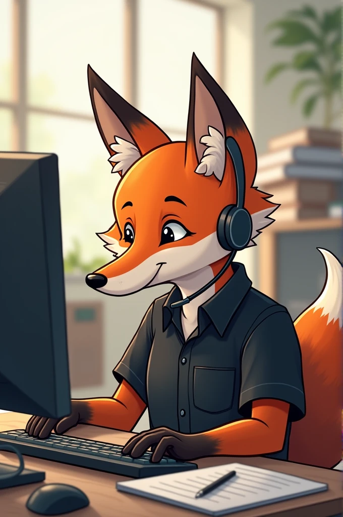 Fox using computer in black shirt giving support