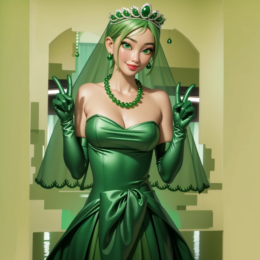 Emerald tiara, Green Pearl Necklace, ボーイッシュな非常に短いGreen Hair, Green Lips, Smiling Japanese woman, Very short hair, Busty beautiful lady, Green Eyes, Green satin long gloves, Green Eyes, Emerald Earrings, Green veil, all, Green Hair, Beautiful Japanese Woman, green lip gloss