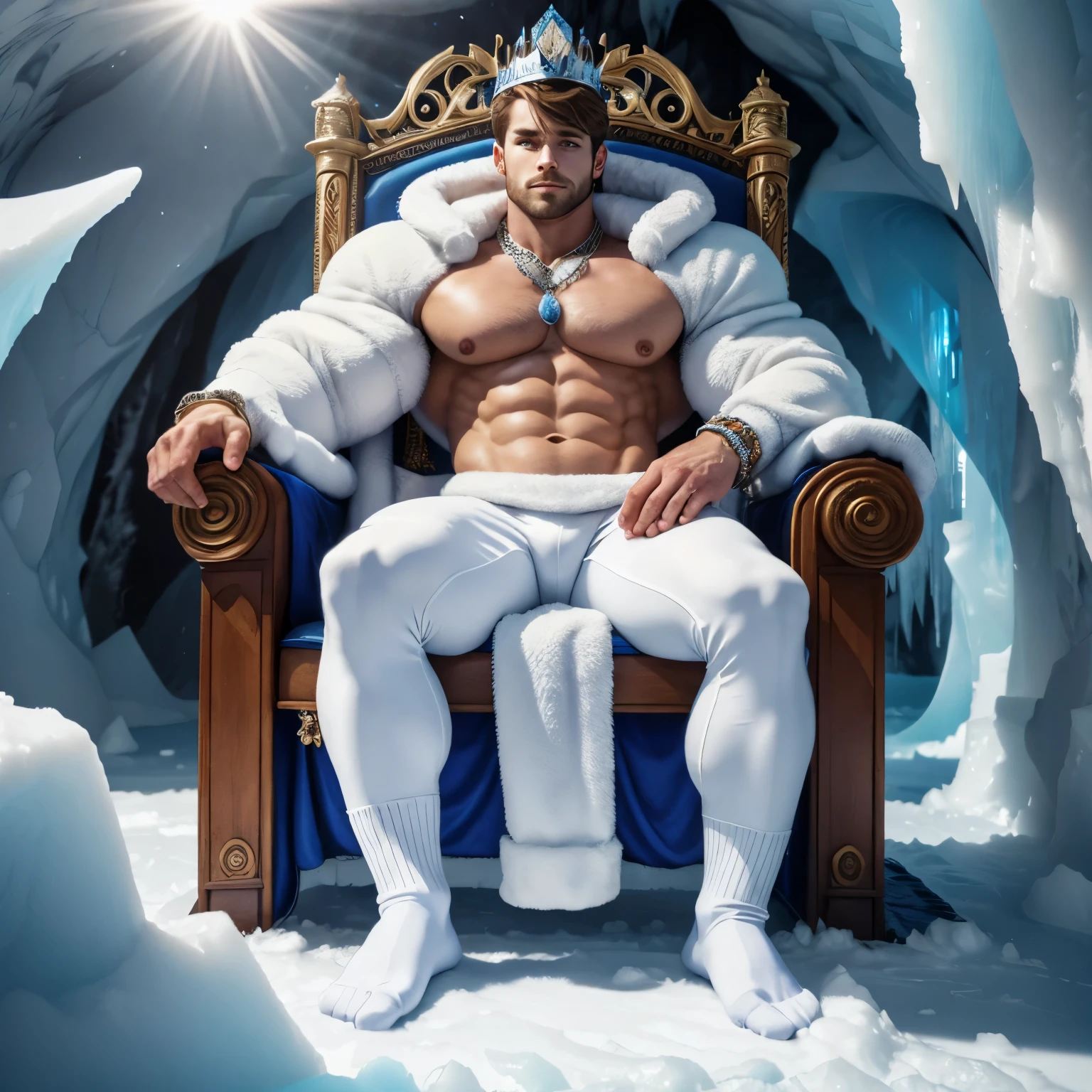 full body, handsome very muscular young bodybuilded white King of Antartica, short light-brown hair, ice-blue eyes, square jaw, wearing diamond crown, white fur coat,white leather pants, dozens of diamond rings, necklaces, bracelets, earings, white sheer glittering socks, No Shoes, arrogantly sprawled on throne in his socks, looking boring, large view on throne room looking like a luxuriously decorated ice cave, behind view of Antarctic under sun, a few penguins can be seen