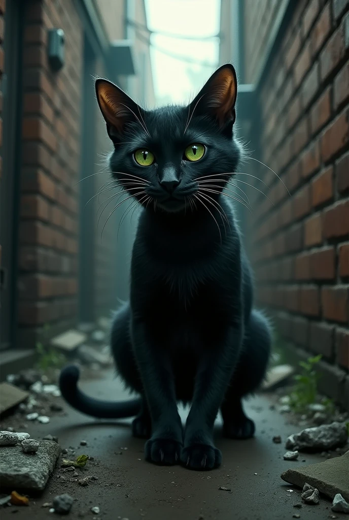 black cat with green eyes desperate in dead end