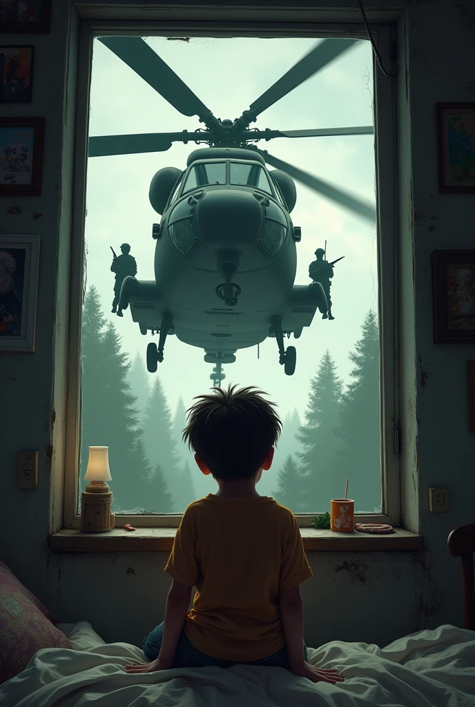 A boy is looking outside from his room's window and a army from a helicopter  is shooting him with a gun 