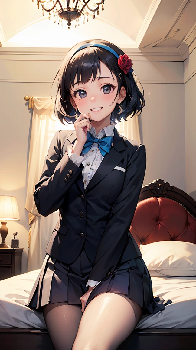 , sakuyaunif, kurobane_sakuya, short hair, grey hair, black hairband, blue hair flower, brown eyes, red eyeliner , purple blazer, long sleeves, black bowtie, black shirt, frills , pleated skirt, pink skirt , black pantyhose, loafers, black footwear,---(8K, raw, highest quality, real 1.2), ultra high quality, high resolution, highest quality, perfect face, perfect limbs, perfect fingers, high resolution, (beautiful anime face, cute face, detailed face), smile of joy, smiling expression, sitting on bed, cowboy shot, miniature human hand, (((medium bust 1.3))), (((thin thighs 1.3))), ((white walls bedroom 1.5)), ((white framed bed 1.5)), ((white ceiling bedroom 1.5)), ((divine light 1.5)), pure white chalk interior, pure white marble interior, ((Pure white bedroom like a Western castle: 1.5)), ((Luxurious pure white canopy bed: 1.4)), ((Chandelier: 1.4))), ((Pure white bed 1.5)), ((Beautifully decorated bedroom 1.5)), perfect anatomy, perfect proportions, nice lighting, bright colors, clean lines, information, blurred, stunning facial expression, restless emotions, gorgeous and cute, beautiful face and eyes in every detail, (masterpiece) beautiful face, young and handsome girl, really perfect skin, blurred, stunning facial expression, restless emotions, gorgeous and cute, beautiful face and eyes in every detail, (Audrey Hepburn), (cute), (J-POP idol), (thighs, (depth of field), (depth of field), soft light, glittering lens gaze, (droopy eyes), straight teeth, shy smile, flowing hair, a scene from Blake's movie,