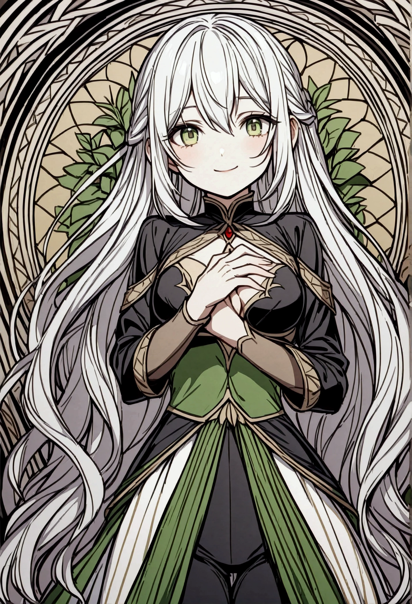 A Human Sized Fae with flowing silver hair golden green eyes sharp noes and a
slight smile black silk covering her chest wearing a black leather jacket and
dragonskin pants she gives off the feeling that she is distanced from the rest of the
world and in harmony with nature traces of joy could be found in her lonesome figure
the sight of her is like that on a pure maiden a jade beauty untouched by the mortal
realm like a heavenly lotus silently floating in the turbid lake