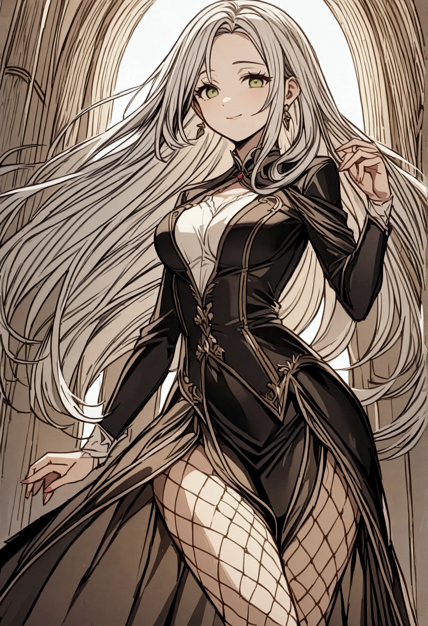 
A Human Sized Fae with flowing silver hair golden green eyes sharp noes and a
slight smile black silk covering her chest wearing a black leather jacket and
dragonskin pants she gives off the feeling that she is distanced from the rest of the
world and in harmony with nature traces of joy could be found in her lonesome figure
the sight of her is like that on a pure maiden a jade beauty untouched by the mortal
realm like a heavenly lotus silently floating in the turbid lake