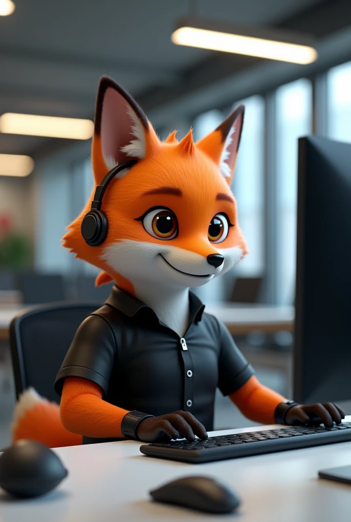 Fox using computer in black shirt giving 3d support

