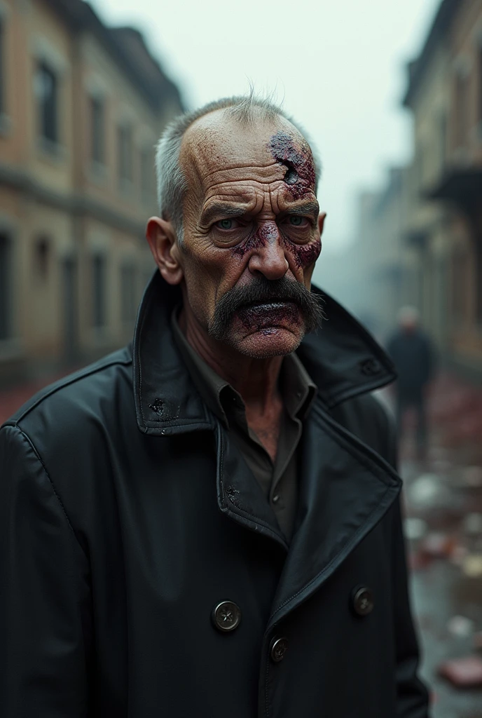 Um velho barbudo, com uma cara de mau, serious expression, military hat, blue and red military tunic, coberto de sangue, amarrado em um sujo, dark cell, with marks of aggression on the face