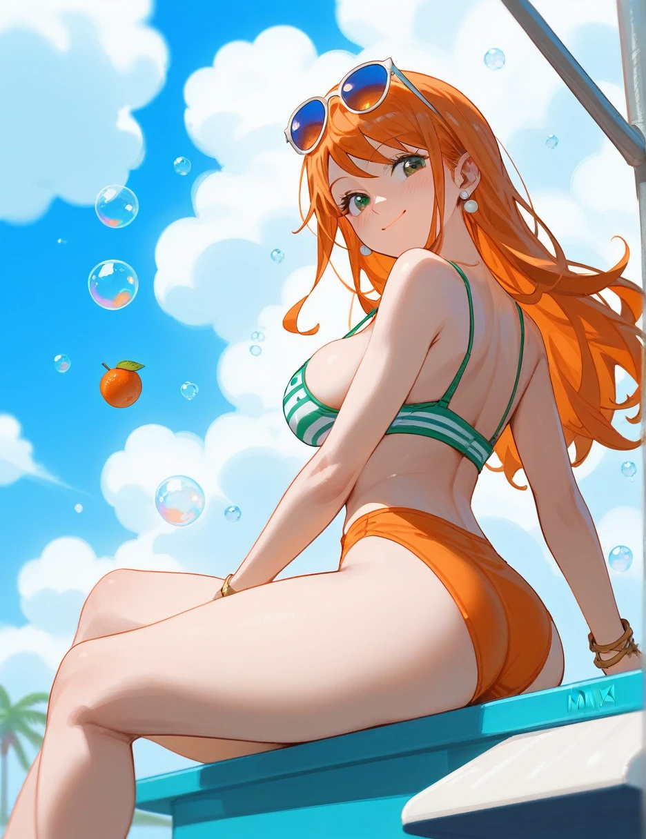 back viev, (from below:0.7), score_9_up,score_8_up, nami,1girl, solo, green eyes, orange hair, ((blush)), closed mouth, smile, big breast, pose, ((sitting )), (thin girl:1.2), (bubbles), ((entertainment park)), sunglasses, fruit juice