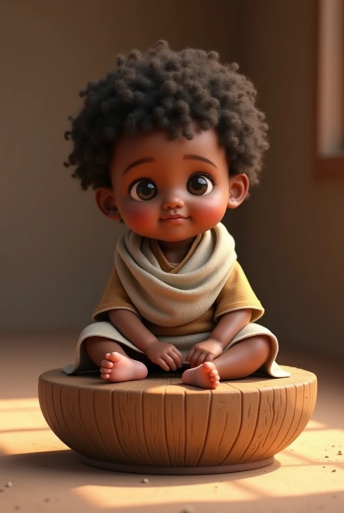 3d illustration of a baby , , dark-skinned, chubby cheeks, eyes browns, rosto comprido, salient head, coily hair, slight smile on your face, with clothes from biblical times, sitting on a round wooden bench