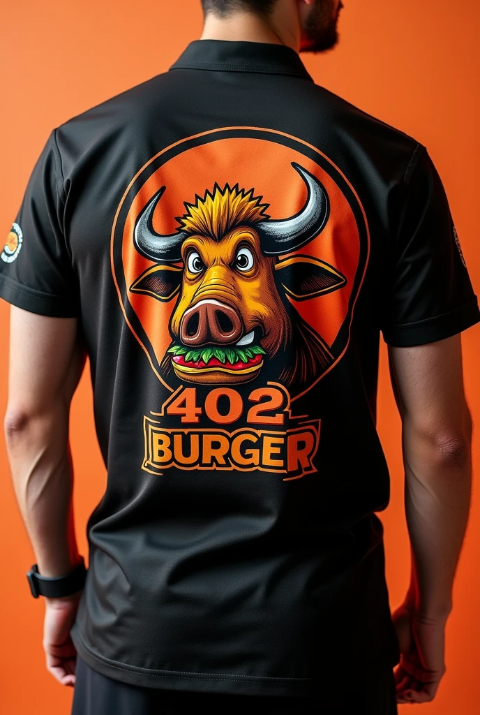 Design a uniform for my burger restaurant called 402 BURGER in black and orange, with the head of an animated buffalo or wild boar printed on the back of the shirt happily biting into a hamburger and on the front our 402 BURGER logo