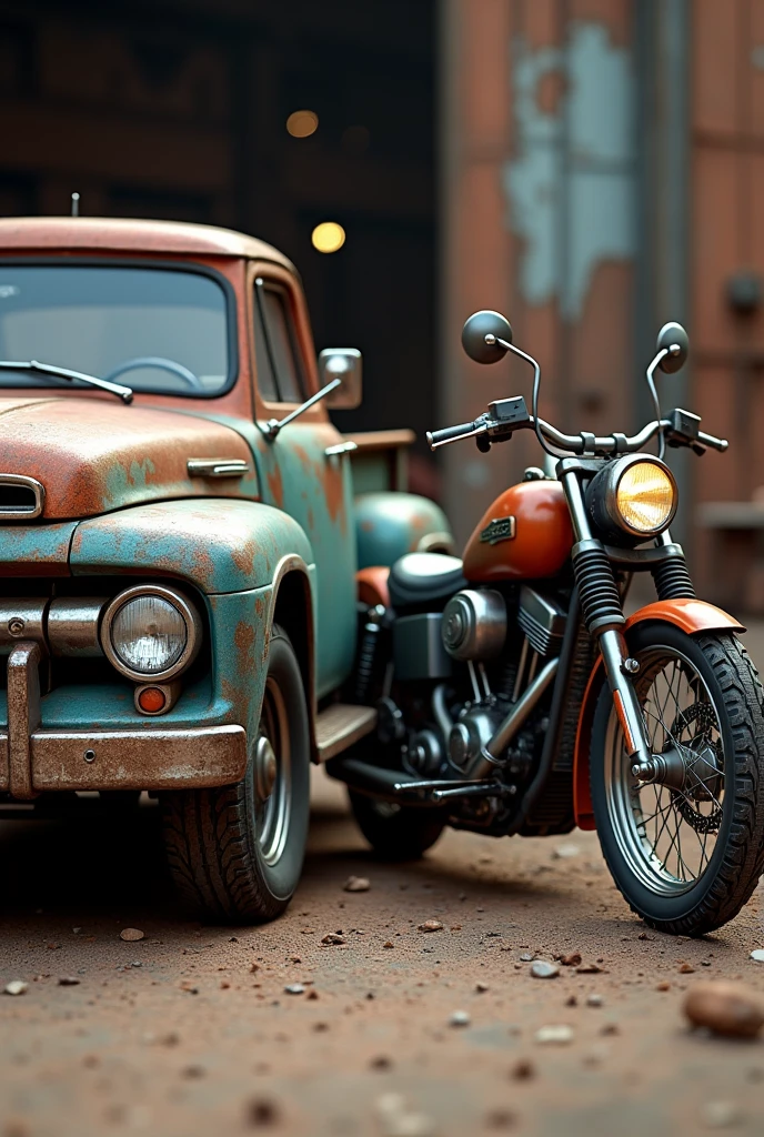 Old Ford Ranger with a Harley motorcycle side by side
