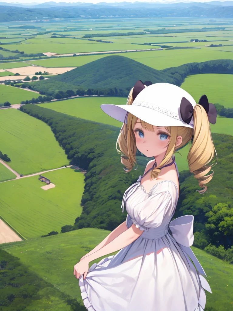 One Girl、Lady-like、White dress、Wide Brim Hat、Blonde twin tails、Drill Hair、Summer landscape、Country Living、
