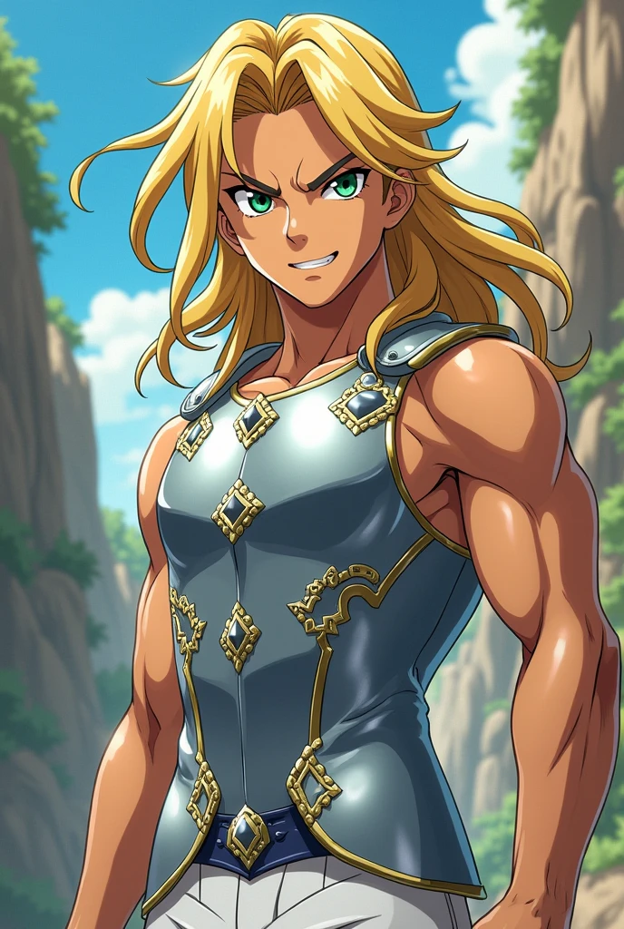 fair-skinned male, youthful appearance, greeneyes, angry look, blonde hair long, wearing a white tank top, wearing white pants, wearing silver chest armor, Knights of the Zodiac style, anime styling, Full-body image