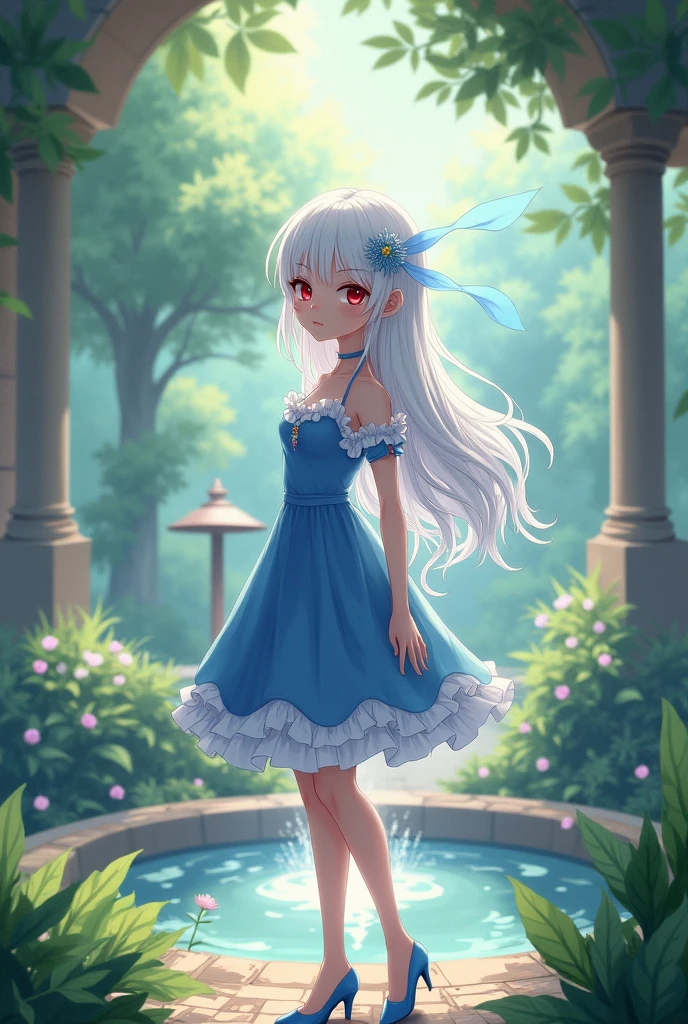((1 girl, standing alone, standing alone, Ninym, White hair, Eyes red, hair ornament, breasts small, long hair, Fitness)), ((standing alone, (1womanl, pink lipstick), extremely detaild, soft ambient lighting, 4K, perfects eyes, a perfect face, perfect lighting, a 1 girl)), ((blue dress, dress with ruffle, fountain, (blue high heels), water, ((fairy, fairy wings)), Garden, gram, flora, graceful columns, bandstand, argustos, Trees))