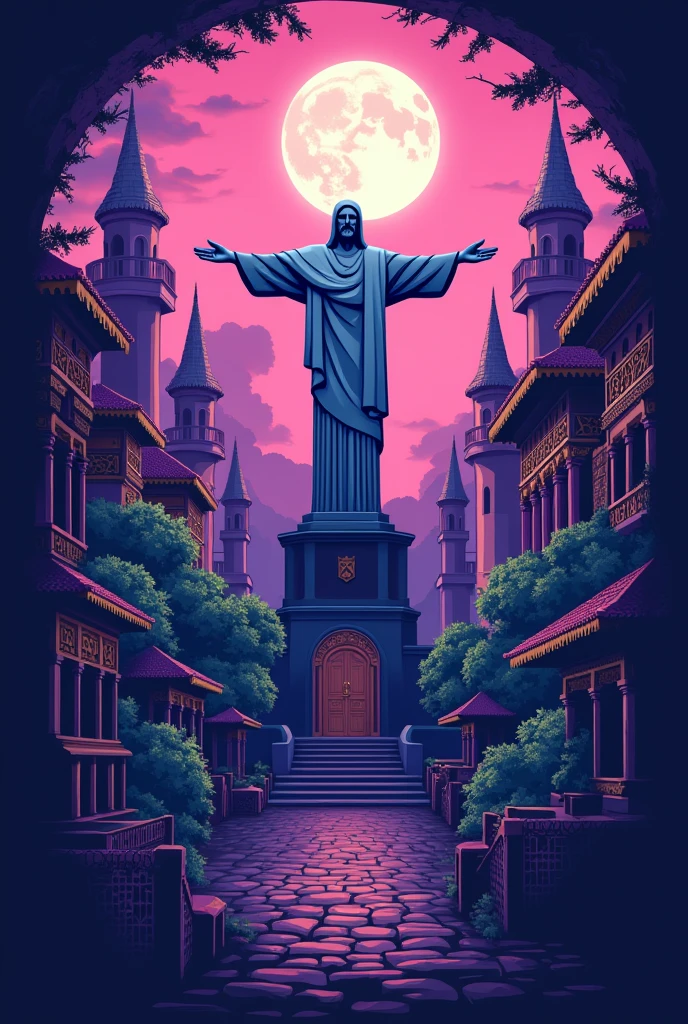 A logo for a roleplay server, buildings in the background with a purple theme, Christ the Redeemer at the bottom of everything, Written "PLAY BRAZILIAN ROLEPLAY"