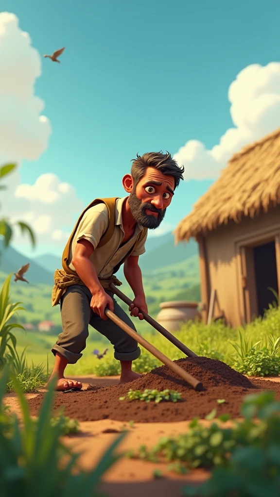 Poor man working in the field: A poor man works hard in a small field next to his simple hut. 3d animation ,disney inspired