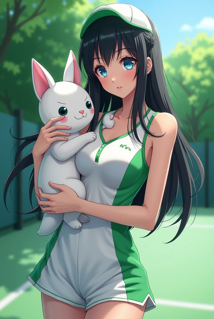 Beautiful young woman with blue eyes and black hair in a tennis uniform with green details, resembling the anime character Kagome Higurashi in a sensual pose carrying a white Akira dog plush toy
