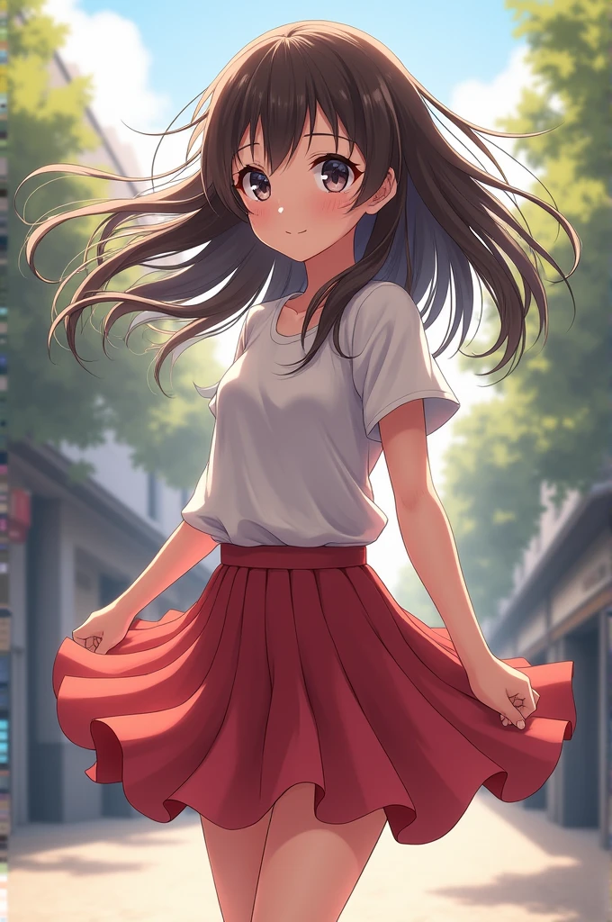 A anime girl with a skirt but it's windy