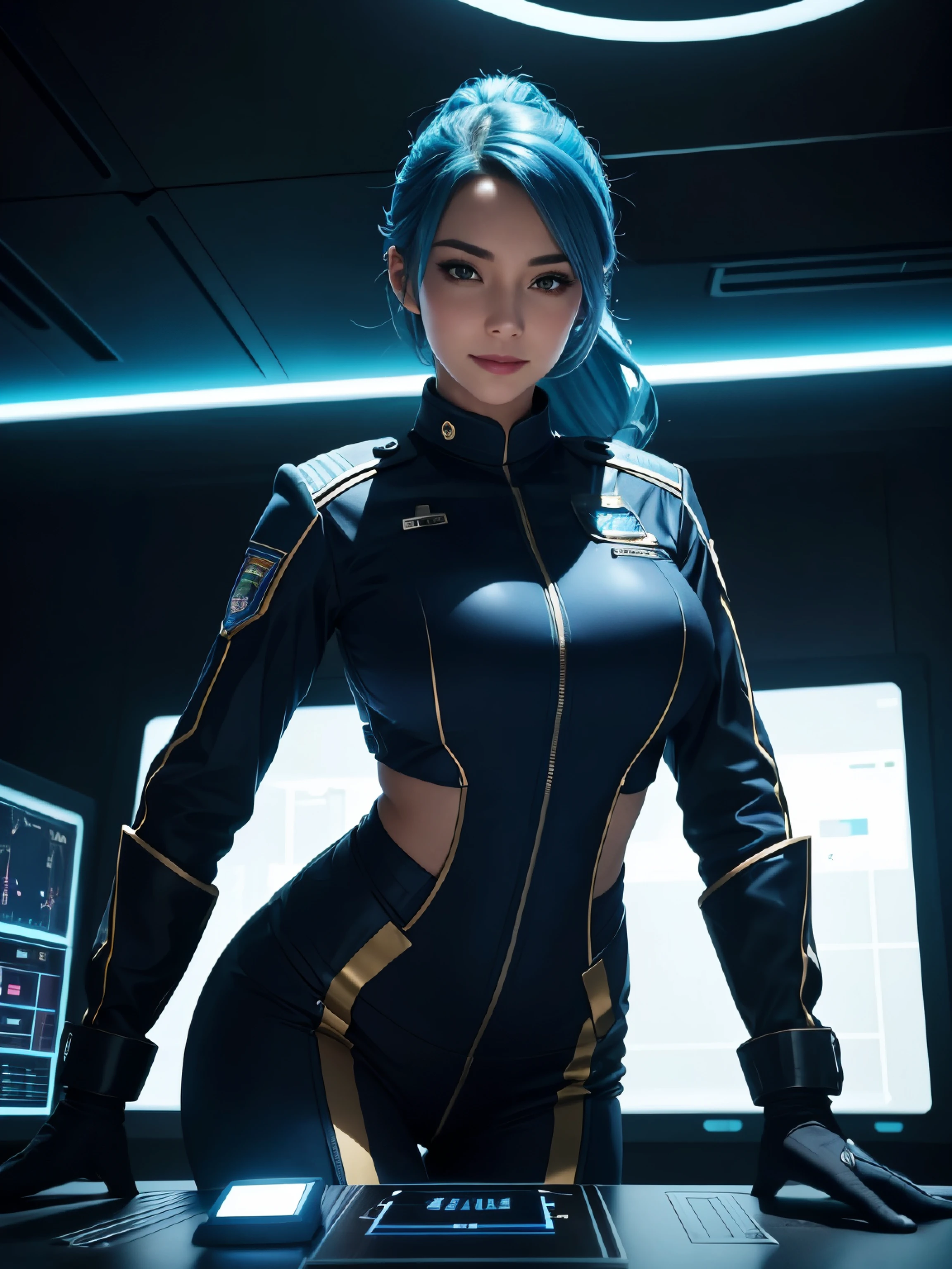 highly detailed, 8k resolution, masterpiece, one girl, blue_hair_tubes, wearing a sleek officer's uniform that hugs her curves, a serious expression with a playful twist, as if she's trying to look stern but can't help but smile, smirking lips, (ideal_Face), (hyper-realistic:1.3), (Beautiful lighting:1.3), vibrant, dynamic lighting, a confident pose showing off her stunning figure, standing in a futuristic spaceship command center, surrounded by high-tech consoles, with her hands on her hips, slightly leaning forward as if she's about to burst into laughter, camera angle slightly from below, capturing her confident yet playful demeanor.