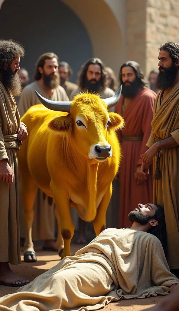 A bright yellow cow surrounded by men from the ancient Israelites with long hair and long beards, wearing simple, old-fashioned clothes.A body lying on the ground covered in a shroud