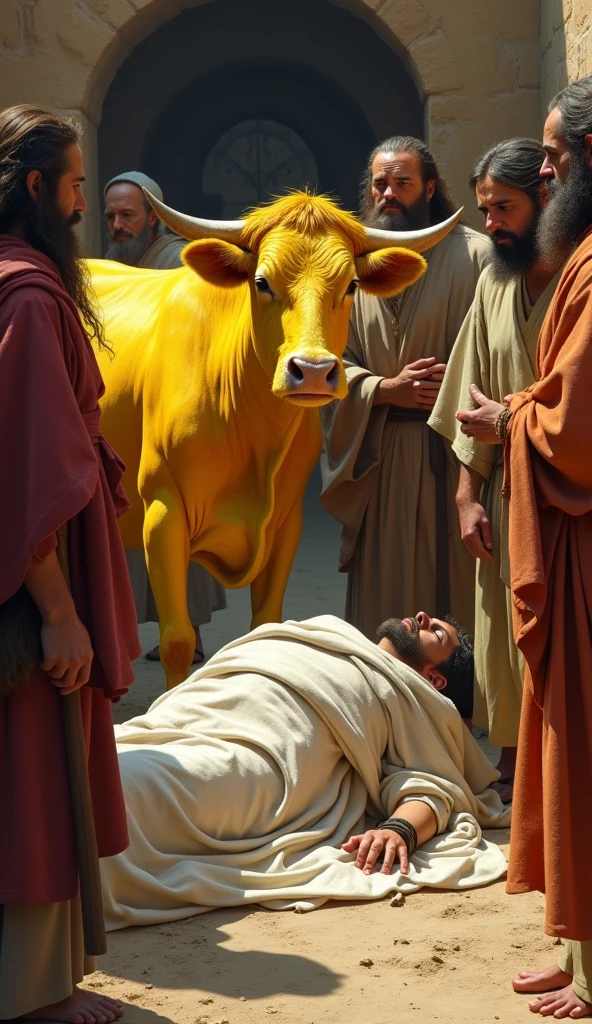 A bright yellow cow surrounded by men from the ancient Israelites with long hair and long beards, wearing simple, old-fashioned clothes.A body lying on the ground covered in a shroud