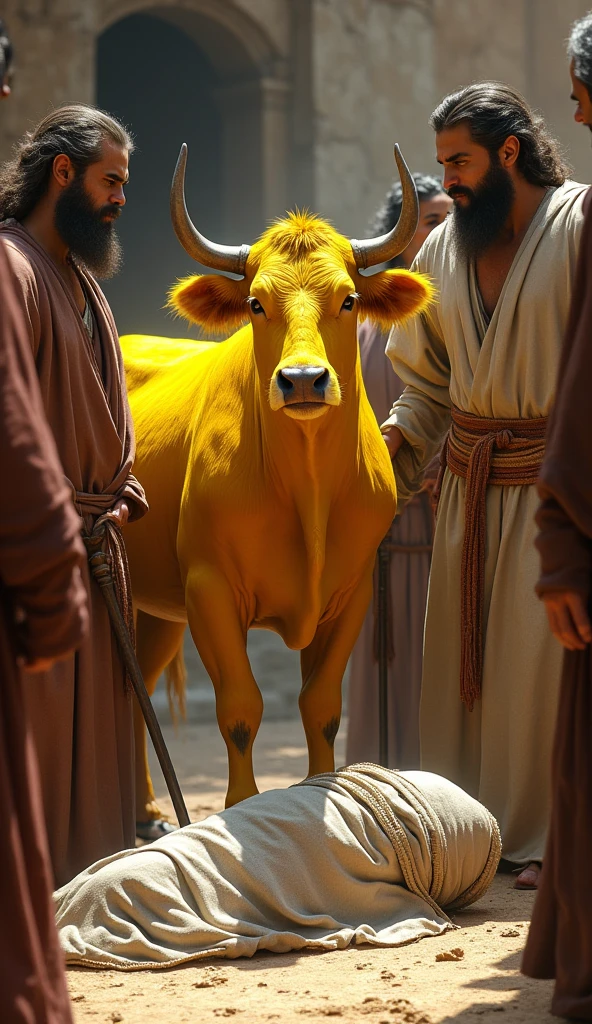 A bright yellow cow surrounded by men from the ancient Israelites with long hair and long beards, wearing simple, old-fashioned clothes.A body lying on the ground covered in a shroud