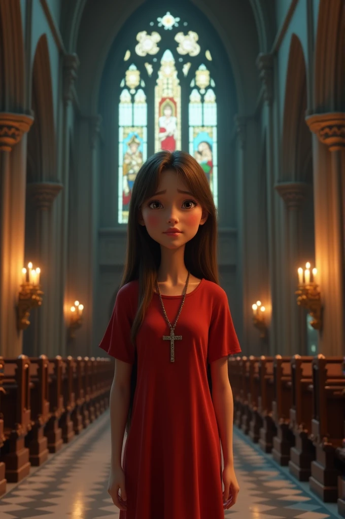 Pixar-inspired 3D poster of a young woman with long, straight, brunette hair,prisoner, of black color, wearing a red tunic with a crucifix around her neck, inside a church