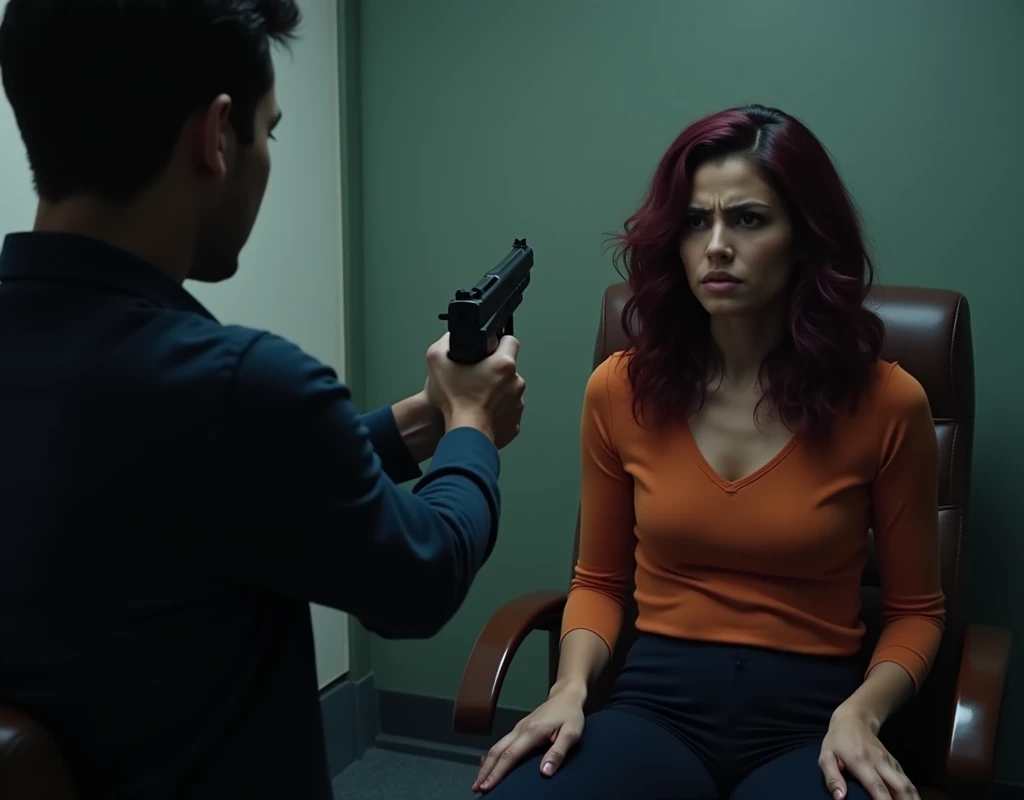 185 cm tall, 25-year-old twin males, short wavy hair, Indian features, both standing to the sides and have guns pointed at a 24-year-old woman sitting in an interrogation chair with Caucasian-mixed race features with pained expression, bullet wound in shoulders vibrant maroon side parted wavy medium length hair and light skin wearing orange top and navy pants in office, dark lighting, photorealistic, cinematic