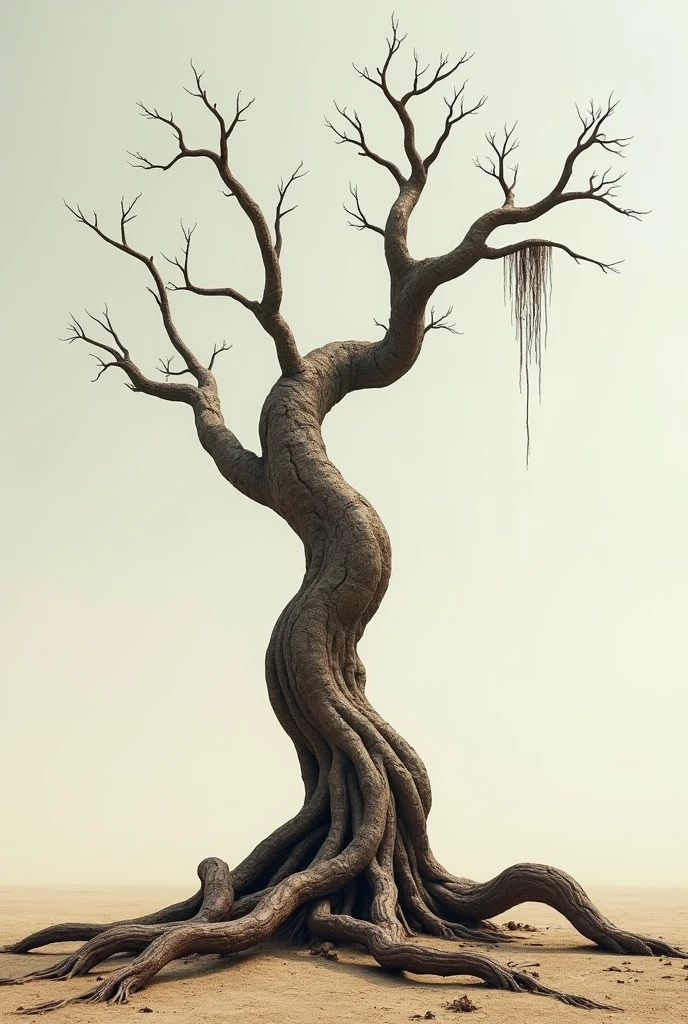 Dry tree with few brown branches, with a couple lying on the trunk