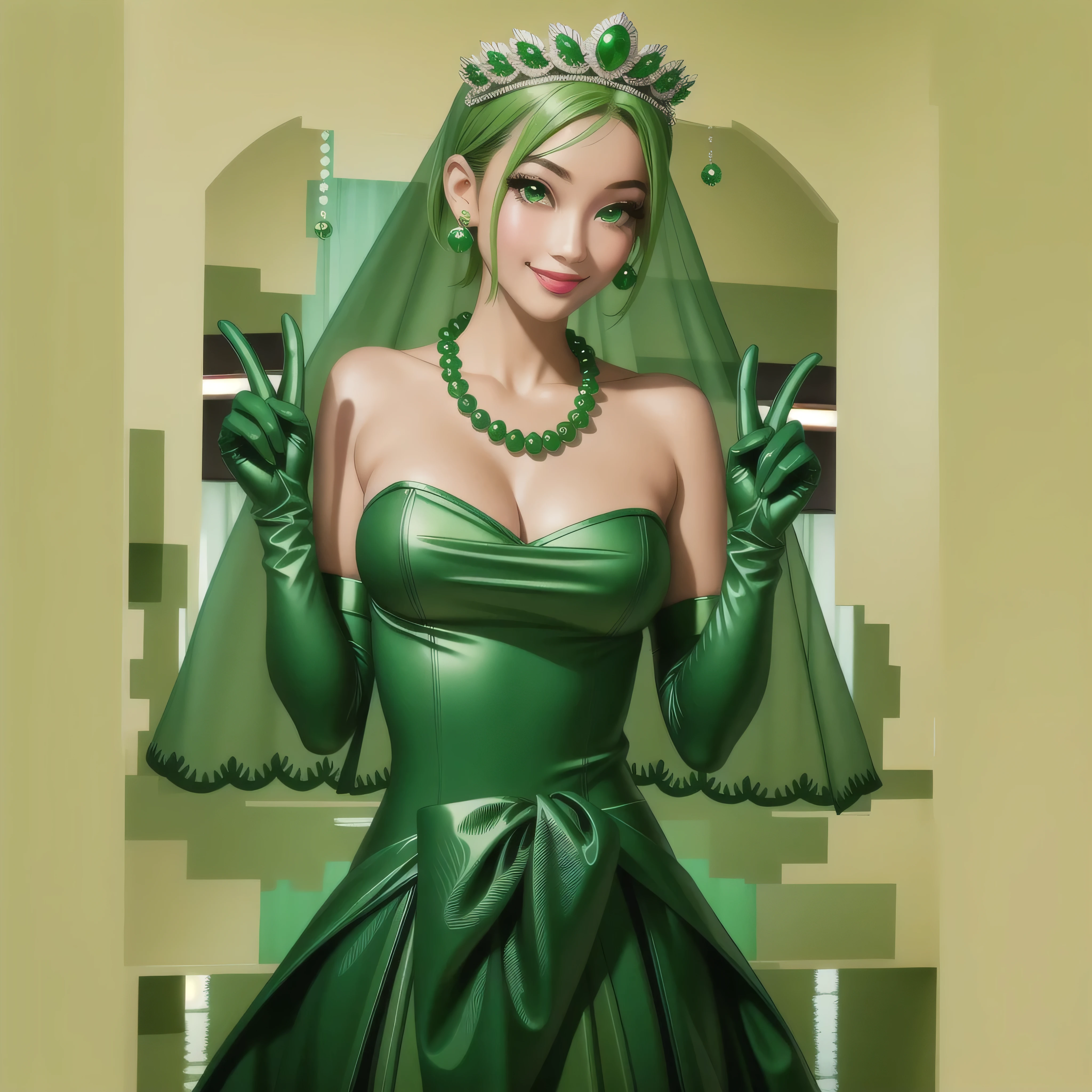 Emerald tiara, Green Pearl Necklace, Boyish very short green hair, Green Lips, Smiling Japanese woman, Very short hair, Busty beautiful lady, Green Eyes, Green satin long gloves, Green Eyes, Emerald Earrings, Green veil, all, Green Hair, Beautiful Japanese Woman, green lip gloss