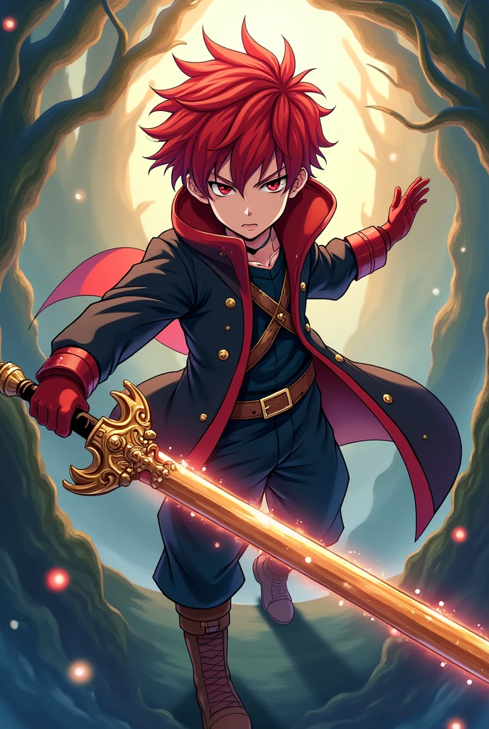 ((best qualityer)), ((work of art)), (detailded), 1 boy of , with red hair, with a Grimoire and a sword, no mundo de black clover, ((inspirado em black clover)) 
