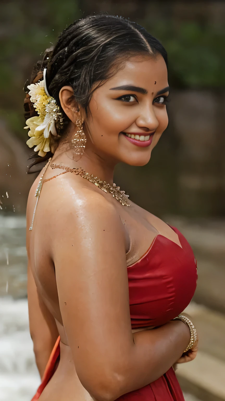 Close up photo of sexy indian, front view, curvy, swooping nude big breasts, deep cleavage, wet black transperent lace strapless dress, floating on river, waterfalls, birds, animals, elephant, French braid hair, necklace, subtle smile, seductive eyes, Bollywood item dancer, dance scene, sexy ass naked