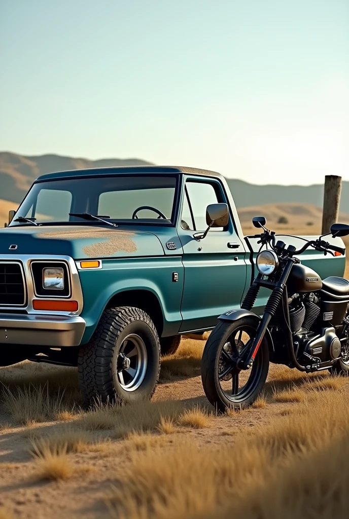 Old 1985 Ford Ranger with a Harley motorcycle side by side