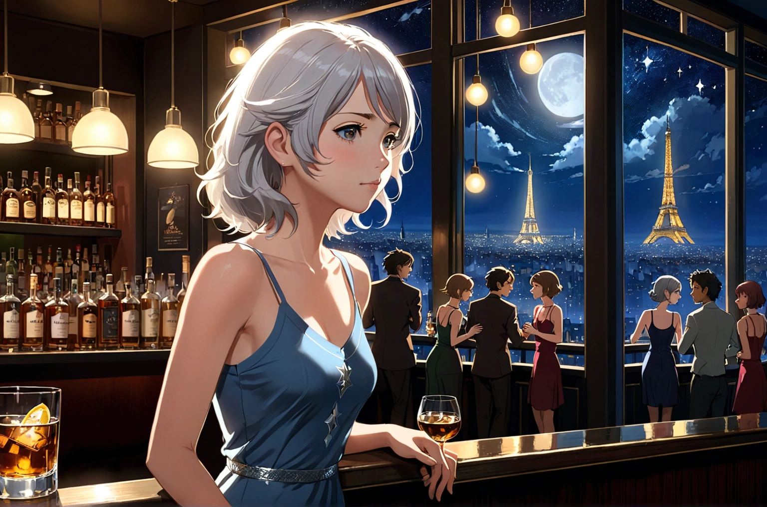 Uses Makoto Shinkai's depiction perfectly,Portrait of Alica Schmidt,8k 4k masterpiece photo ,Paris,A jazz bar with a glass ceiling,The twinkling stars can be seen through the glass windows.,It's a dark night outside,Jazz is playing,Close-up of profile,Beautiful in profile,Semi-long hair,Silver Hair,Look in a different direction,Standing alone at the counter,A small glass of whiskey in front of me1There are、tight fitting tank top dress,The bust is large,Different store