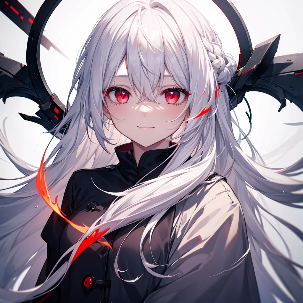 a cute girl with red eyes smiling, white hair. with dark background and dark theme