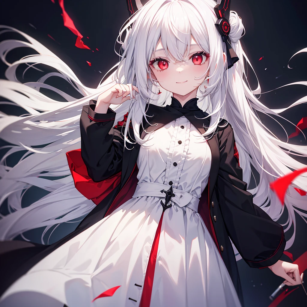 a cute girl with red eyes smiling, white hair. with dark background and dark theme