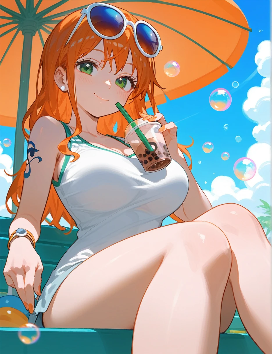 (from below:0.5), score_9_up,score_8_up, (nami),1girl, solo, brown eyes, orange hair, blush, bubbles, closed mouth, smile, big breast, pose, ((sitting)), (thin girl:1.2),sunglasses, (((entertainment park))), ((bubble tea))
