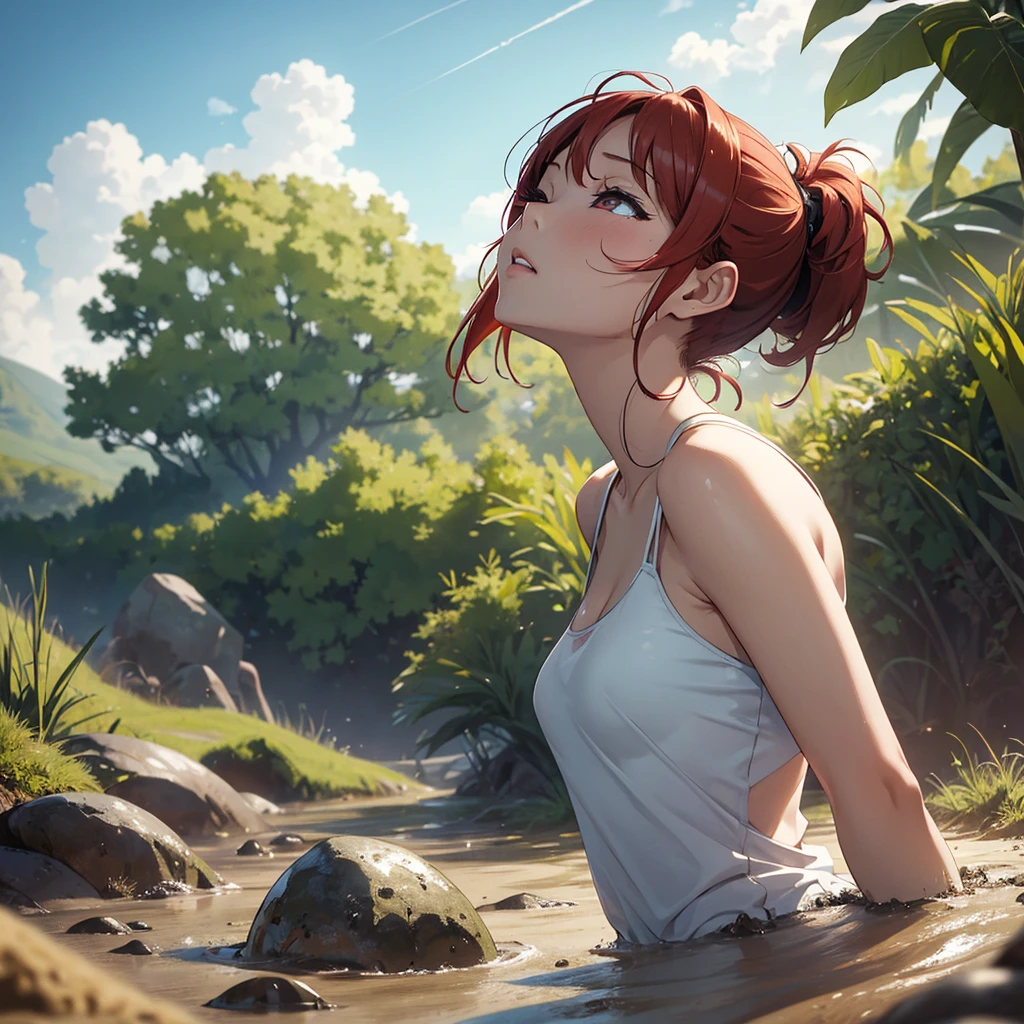 1girl, solo:1.5, masterpiece, best quality, high res, highly detailed, (illustration), beautiful detailed eyes, yuigahama yui, red hair ponytail, glossy lips, light makeup, orgasm, (looking up to the sky:1.5), intimate moment, green tank top, cleavage, (quicksand:1.4), (from side:1.4), bog, swampy, grassy, (eyes closed:1.3), gasping