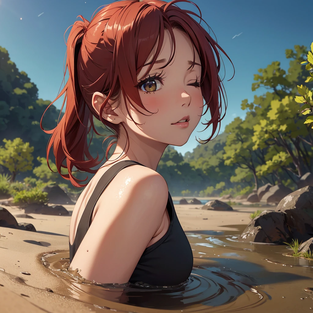 1girl, solo:1.5, masterpiece, best quality, high res, highly detailed, (illustration), beautiful detailed eyes, yuigahama yui, red hair ponytail, glossy lips, light makeup, orgasm, (looking up to the sky:1.5), intimate moment, green tank top, cleavage, (quicksand:1.4), (from side:1.4), bog, swampy, grassy, (eyes closed:1.3), gasping