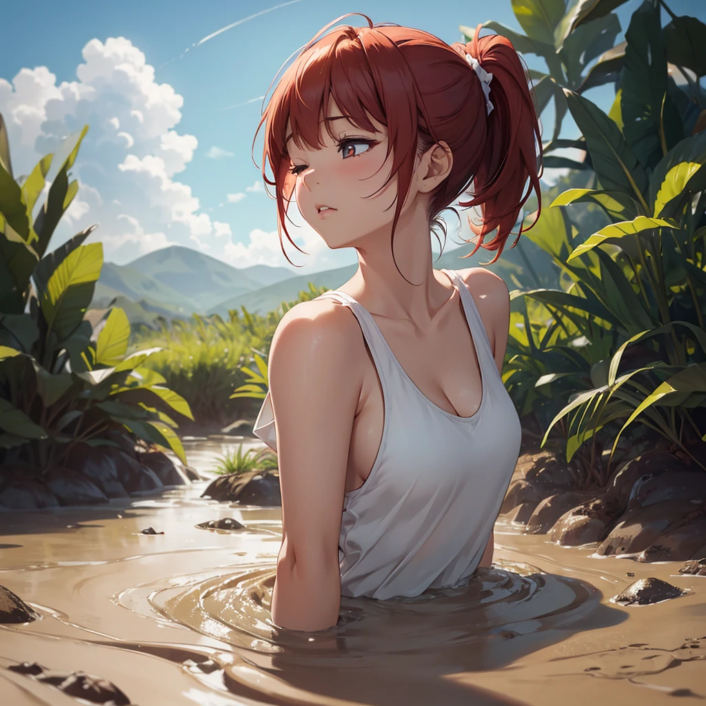 1girl, solo:1.5, masterpiece, best quality, high res, highly detailed, (illustration), beautiful detailed eyes, yuigahama yui, red hair ponytail, glossy lips, light makeup, orgasm, (looking up to the sky:1.5), intimate moment, green tank top, cleavage, (quicksand:1.4), (from side:1.4), bog, swampy, grassy, (eyes closed:1.3), gasping